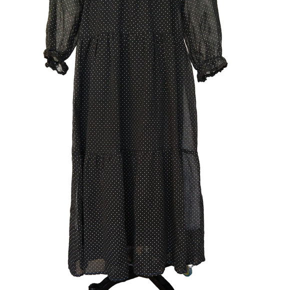 VTG 70s Prairie Maxi Dress Size S Black Polka Dot Embroidered Gunne Sax Style - Picture 4 of 10